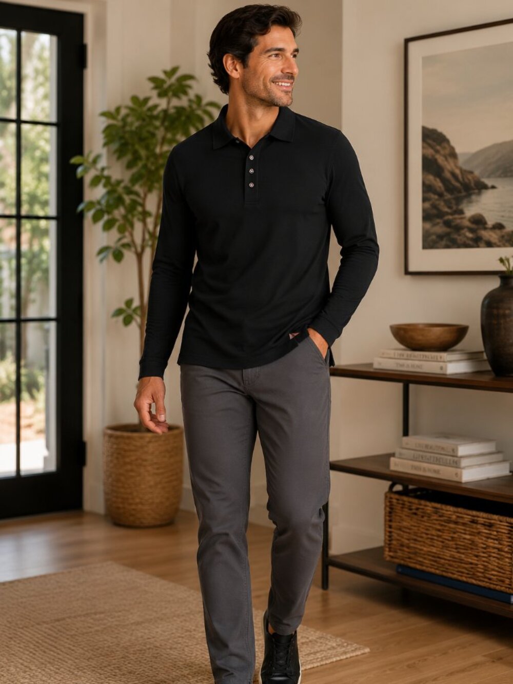 UNTUCKit Damaschino Long Sleeve Polo Shirt Black XXL Regular Fit Supima Cotton